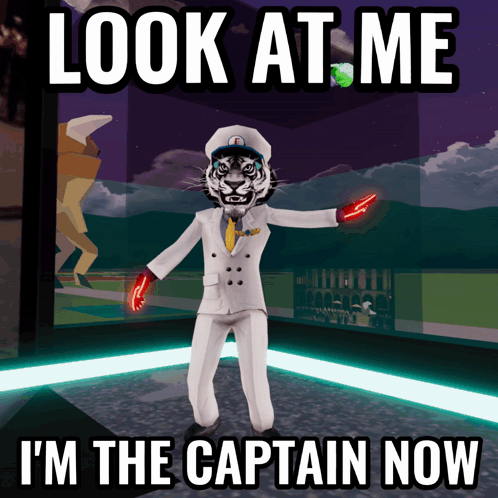 A Cartoon Of A Tiger In A Captain 'S Uniform With The Caption Look At Me I 'M The Captain Now GIF