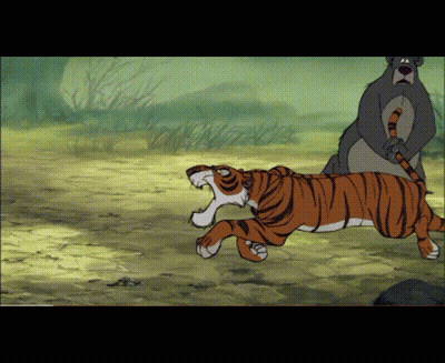 A Cartoon Of A Tiger Running With A Bear Behind It GIF