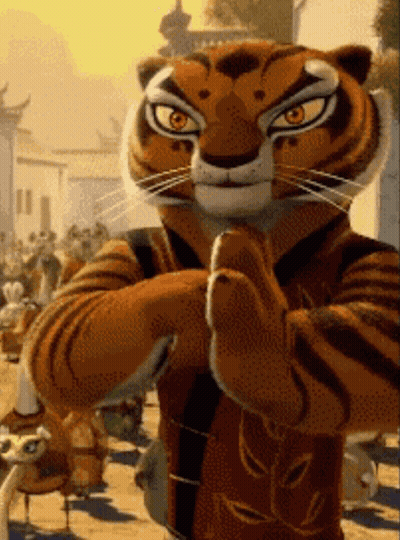 A Cartoon Of A Tiger Standing In Front Of A Crowd Of People GIF