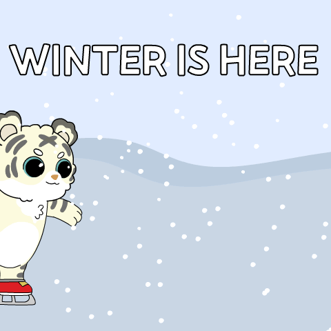 A Cartoon Of A Tiger Wearing Ice Skates With The Words Winter Is Here Below It GIF
