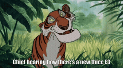 A Cartoon Of A Tiger With A Caption That Says Chief Hearing How There 'S A New Thicc E3 GIF