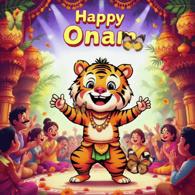 A Cartoon Of A Tiger With The Words Happy Onam Written On The Bottom GIF