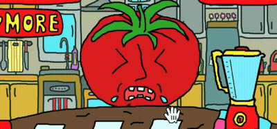 A Cartoon Of A Tomato Crying With A Sign That Says More GIF