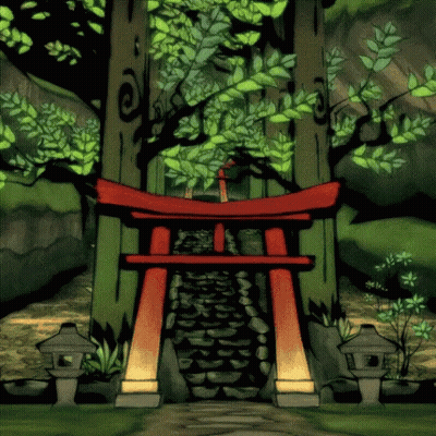 A Cartoon Of A Torii Gate In A Forest GIF