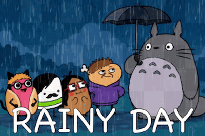 A Cartoon Of A Totoro Holding An Umbrella With The Words " Rainy Day " Below It GIF