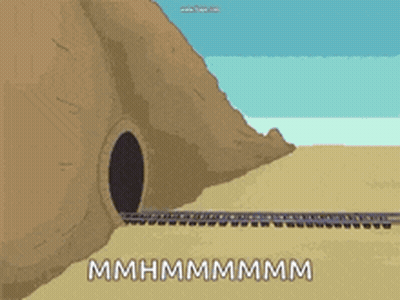 A Cartoon Of A Train Going Through A Tunnel With The Words Mhmhmmmmm Written On The Ground GIF