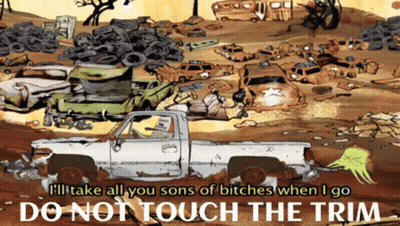 A Cartoon Of A Truck With The Words " Do Not Touch The Trim " At The Bottom GIF