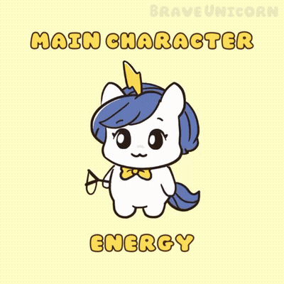 a cartoon of a unicorn holding a heart with the words main character energy underneath it
