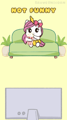 A Cartoon Of A Unicorn Sitting On A Couch With The Words " Not Funny " On The Bottom GIF