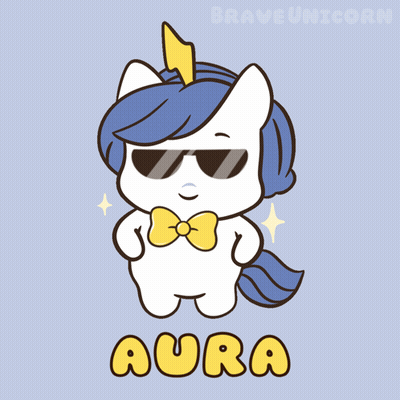 A Cartoon Of A Unicorn Wearing Sunglasses And A Bow Tie Says Aura GIF