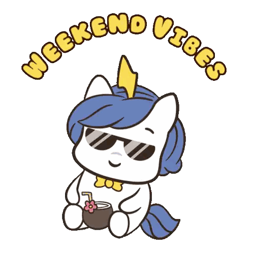 A Cartoon Of A Unicorn Wearing Sunglasses And Holding A Drink With The Words Weekend Vibes Above It Sticker