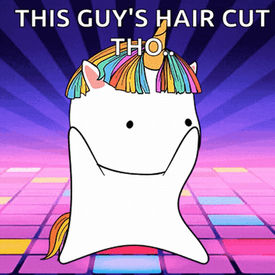 A Cartoon Of A Unicorn With A Rainbow Haircut Says This Guy 'S Hair Cut Tho GIF