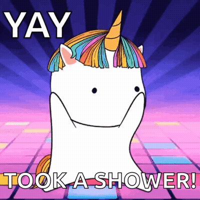 A Cartoon Of A Unicorn With The Words Yay Took A Shower Written Below It GIF
