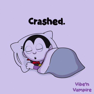 A Cartoon Of A Vampire Sleeping Under A Blanket With The Caption Crashed GIF