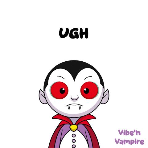 A Cartoon Of A Vampire With Red Eyes And The Word Ugh Above Him GIF