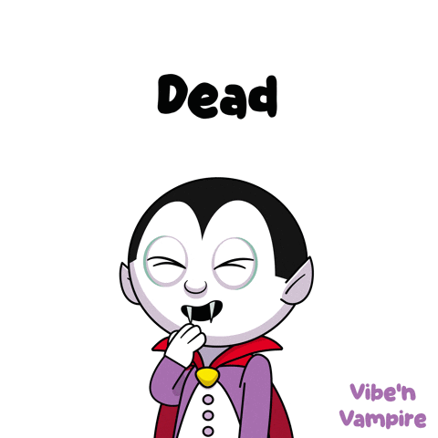 A Cartoon Of A Vampire With The Word Dead Underneath Him GIF