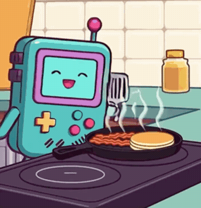 A Cartoon Of A Video Game Controller Cooking Pancakes On A Stove . GIF
