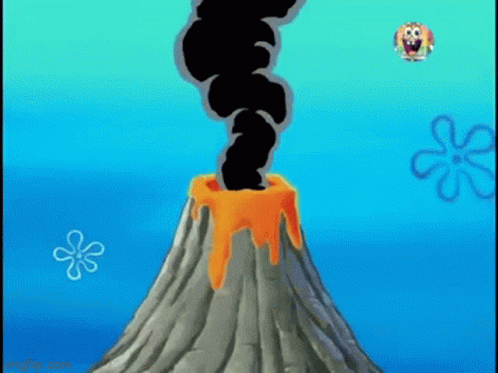 A Cartoon Of A Volcano With Black Smoke Coming Out Of It GIF