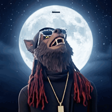 A Cartoon Of A Werewolf With Dreadlocks And Sunglasses Looking Up At The Moon GIF