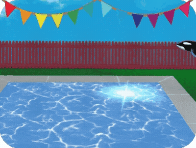 A Cartoon Of A Whale Jumping Into A Pool With A Red Fence In The Background GIF