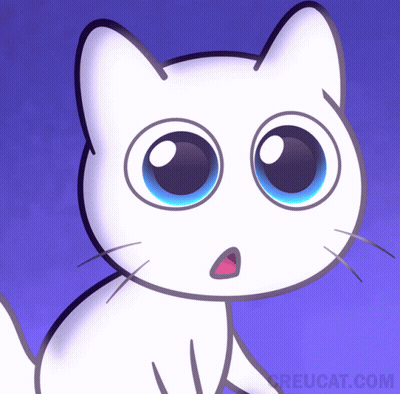A Cartoon Of A White Cat With Blue Eyes And The Website Creucat.com GIF