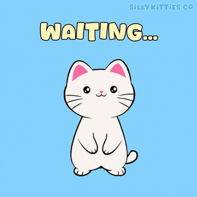 A Cartoon Of A White Cat With The Words Waiting Written Above It GIF