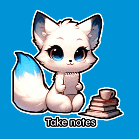 A Cartoon Of A White Fox Holding A Notebook Next To A Stack Of Books GIF