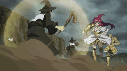 A Cartoon Of A Witch Holding A Cane Standing Next To A Woman In A White Dress GIF