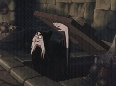 A Cartoon Of A Witch Holding A Wooden Plank GIF