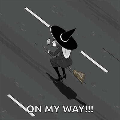 A Cartoon Of A Witch On A Broom With The Words On My Way GIF