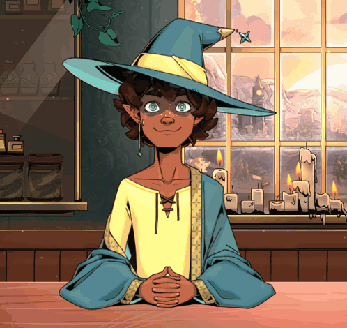 A Cartoon Of A Witch Sitting At A Table In Front Of Candles GIF