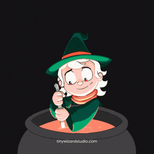 A Cartoon Of A Witch Stirring A Cauldron With The Website Tinywizardstudio.com Below GIF