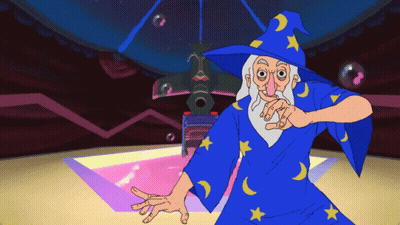 A Cartoon Of A Wizard In A Blue Robe With Stars GIF
