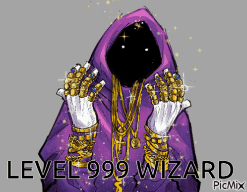 A Cartoon Of A Wizard With A Purple Hood And Gold Chains GIF