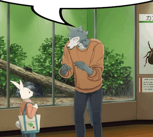 A Cartoon Of A Wolf And A Rabbit Talking In Front Of A Window GIF