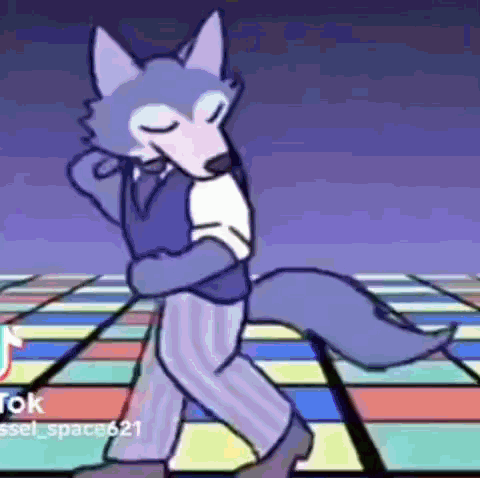 A Cartoon Of A Wolf Dancing On A Disco Floor . GIF