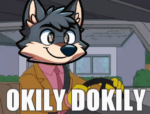 A Cartoon Of A Wolf Driving A Car With The Words Okly Dokily Written Below Him GIF