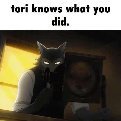 A Cartoon Of A Wolf Holding A Microphone With The Caption Tori Knows What You Did GIF