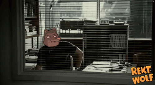 A Cartoon Of A Wolf Looking Out A Window With The Words " Rekt Wolf " Below Him GIF