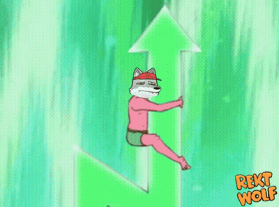 A Cartoon Of A Wolf Sitting On A Green Arrow With The Words Rekt Wolf Below It GIF