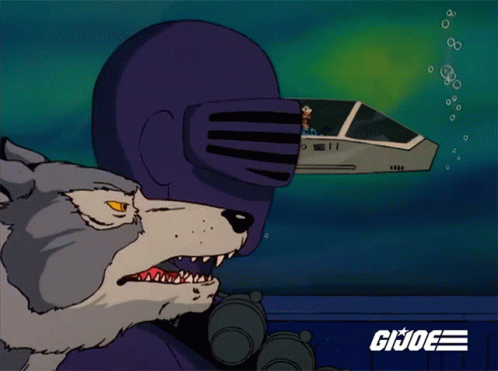 A Cartoon Of A Wolf Wearing A Purple Helmet With The Word Gi Joe On It GIF