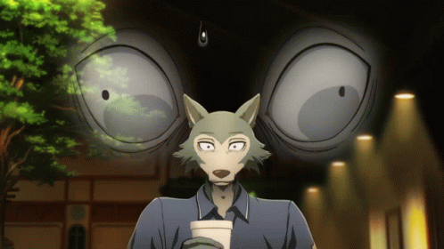 A Cartoon Of A Wolf With Big Eyes Holding A Cup Of Coffee GIF