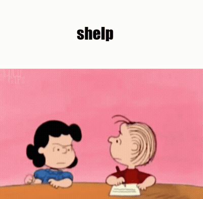 A Cartoon Of A Woman And A Boy Sitting At A Table With The Words `` Shelp '' Written Above Them . GIF