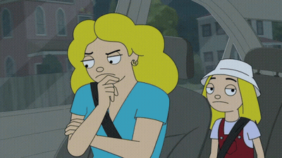A Cartoon Of A Woman And A Girl In A Car With One Girl Wearing A White Hat GIF