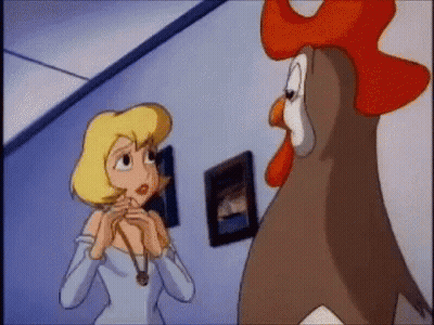A Cartoon Of A Woman And A Rooster Looking At Each Other GIF