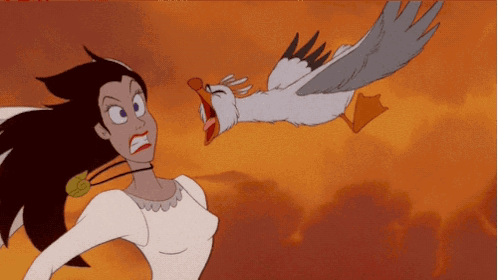 A Cartoon Of A Woman Being Attacked By A Seagull GIF
