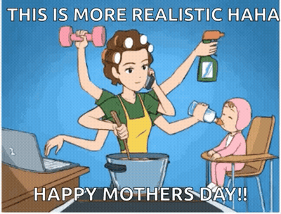 A Cartoon Of A Woman Cooking And Talking On A Cell Phone While A Baby Drinks From A Bottle .. GIF