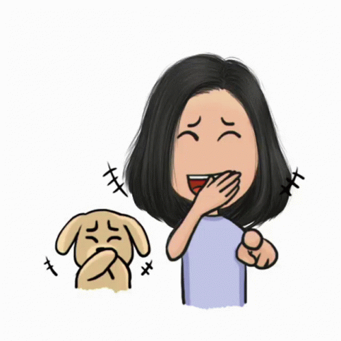 A Cartoon Of A Woman Covering Her Mouth With Her Hand And A Dog Covering Its Face GIF