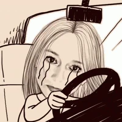 A Cartoon Of A Woman Crying While Holding A Steering Wheel In A Car . GIF