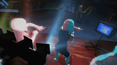A Cartoon Of A Woman Dancing In Front Of A Computer Monitor That Says " Windows " On It GIF